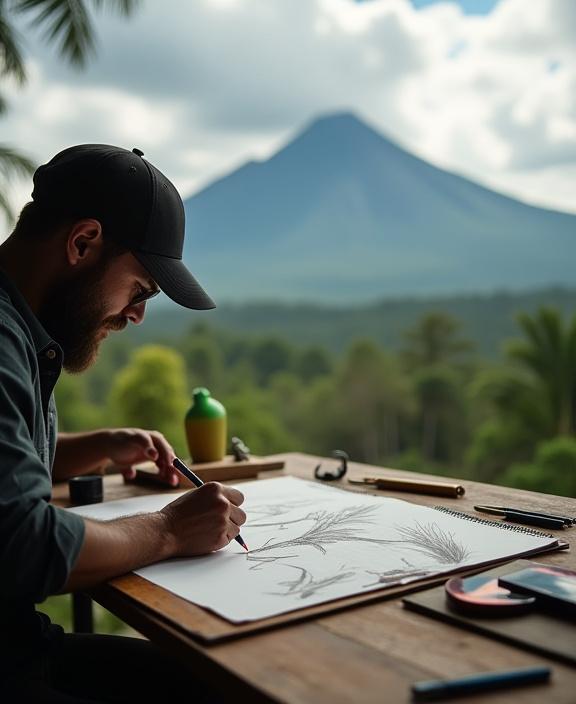 Founder of Rinjani Lures sketching a lure design with Mount Rinjani in the background