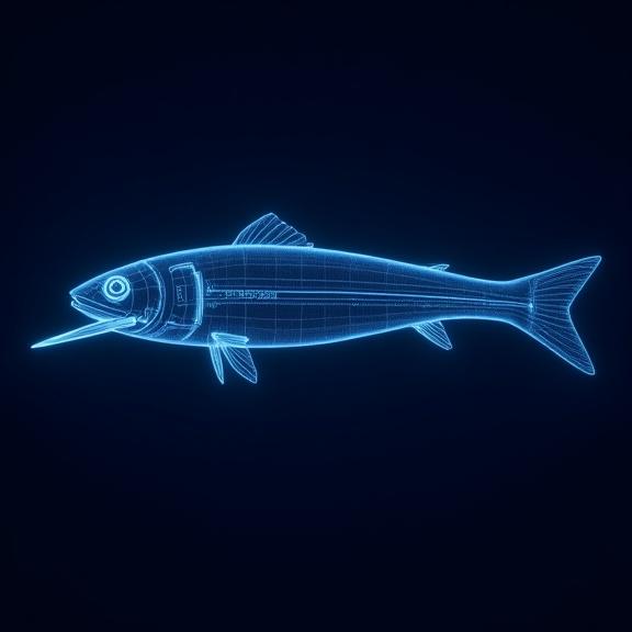 A blueprint-style design of a lure showing water flow lines